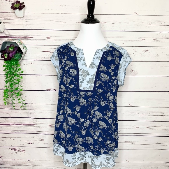 DR2 Daniel Rainn Blue Two Tone Boho Floral Blouse Top Size Small - Picture 9 of 9